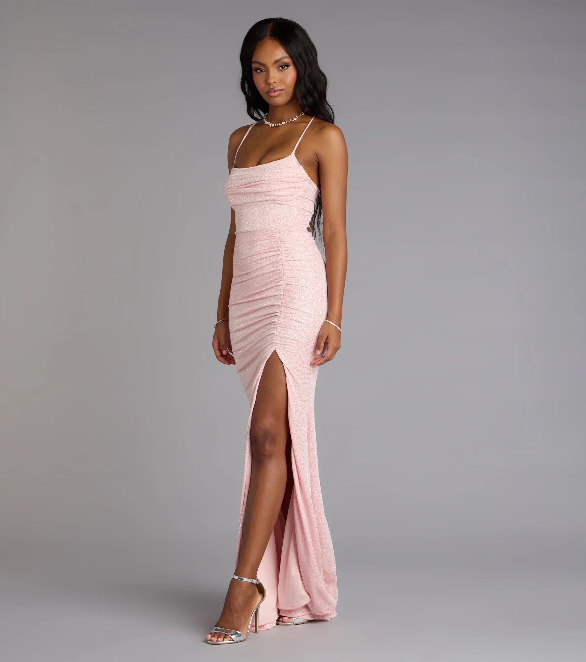 Sparkling Pink Glitter Mermaid Spaghetti Strap Square Neck Ruched Slit Wedding Guest Dresses