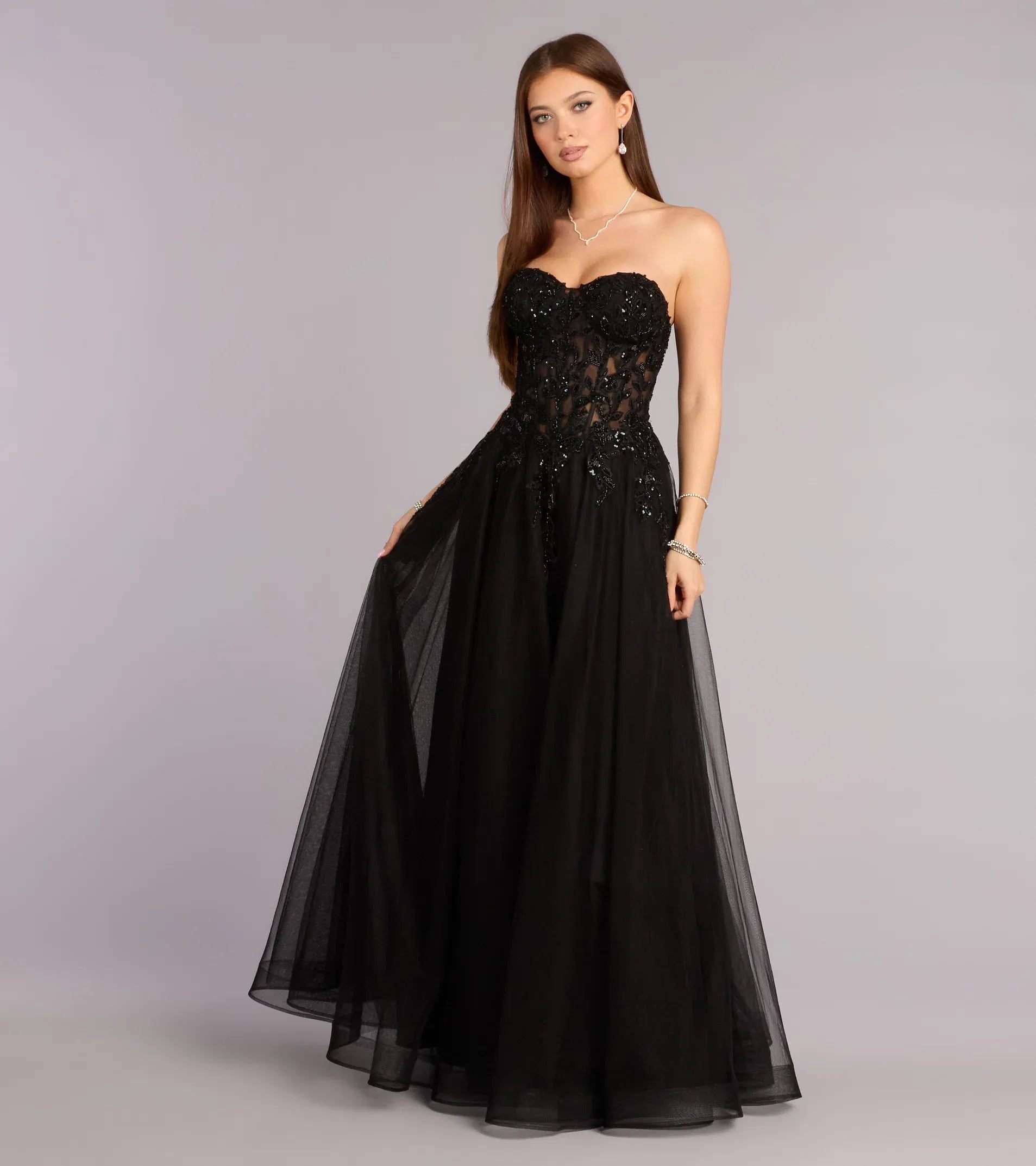 Glamorous Black Strapless Lace Applique Tulle A Line Maxi Dress