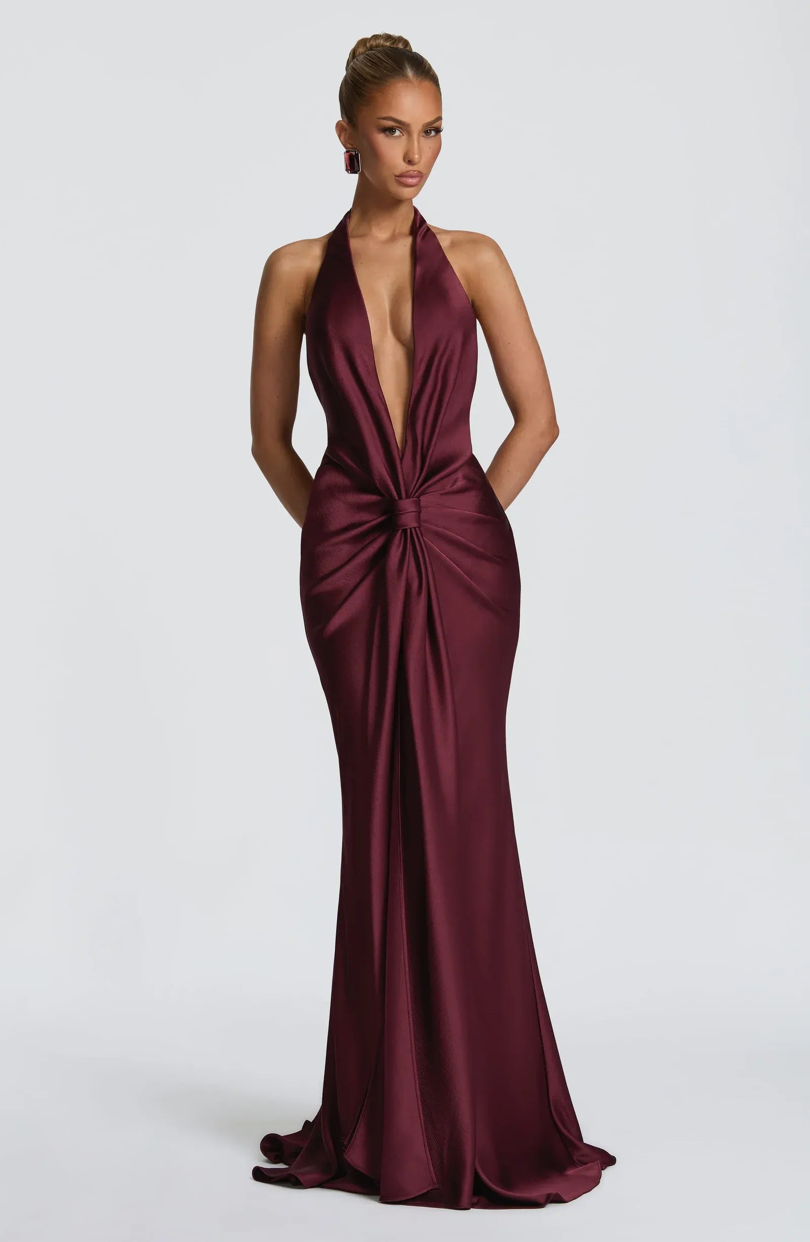 Halter Deep V Front Knot Back Ruched Burgundy Satin Mermaid Train Maxi Wedding Guest Dresses