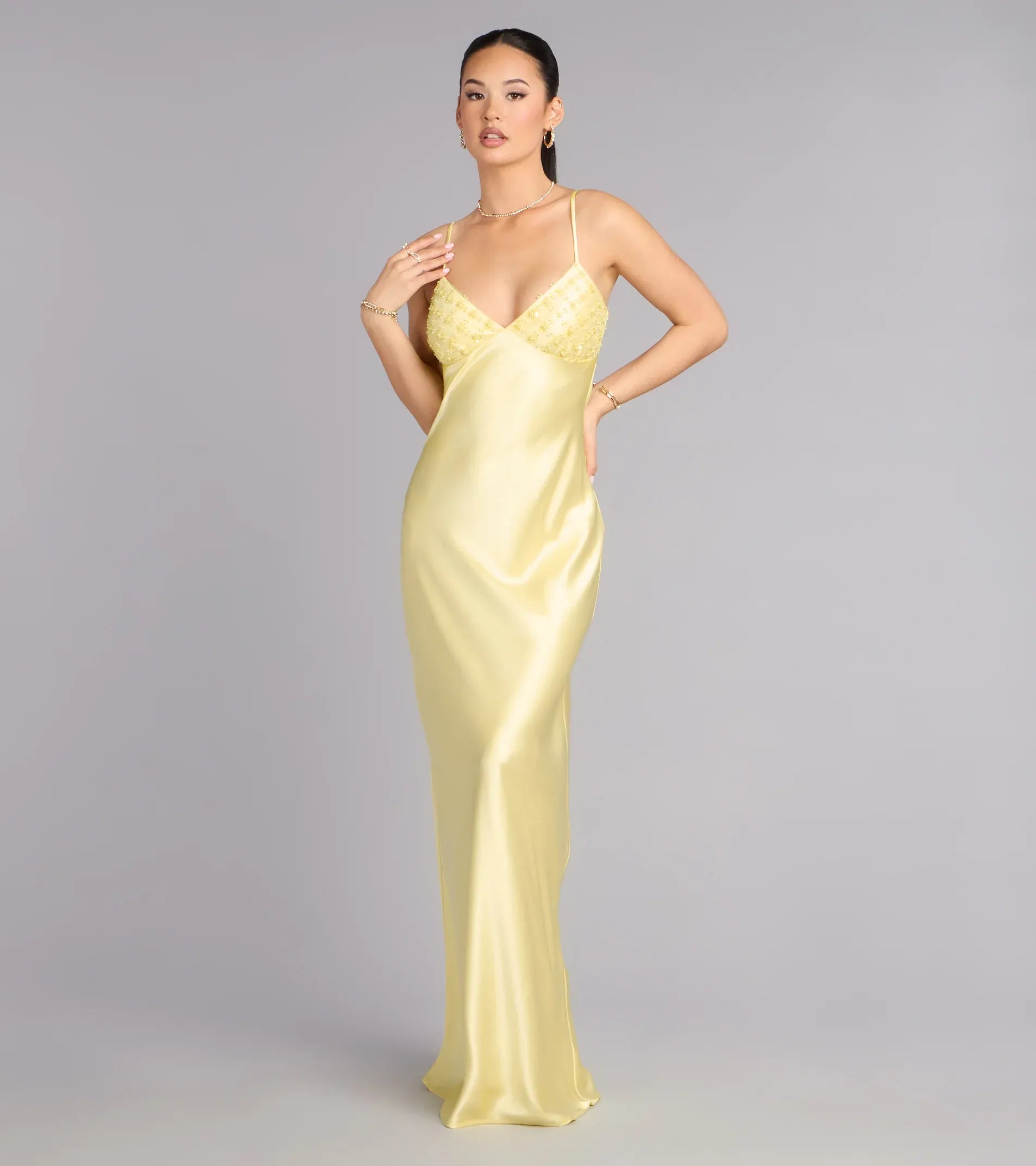Butter Yellow Satin Beaded Cami Cowl Open Back Slip Long Formal Dress