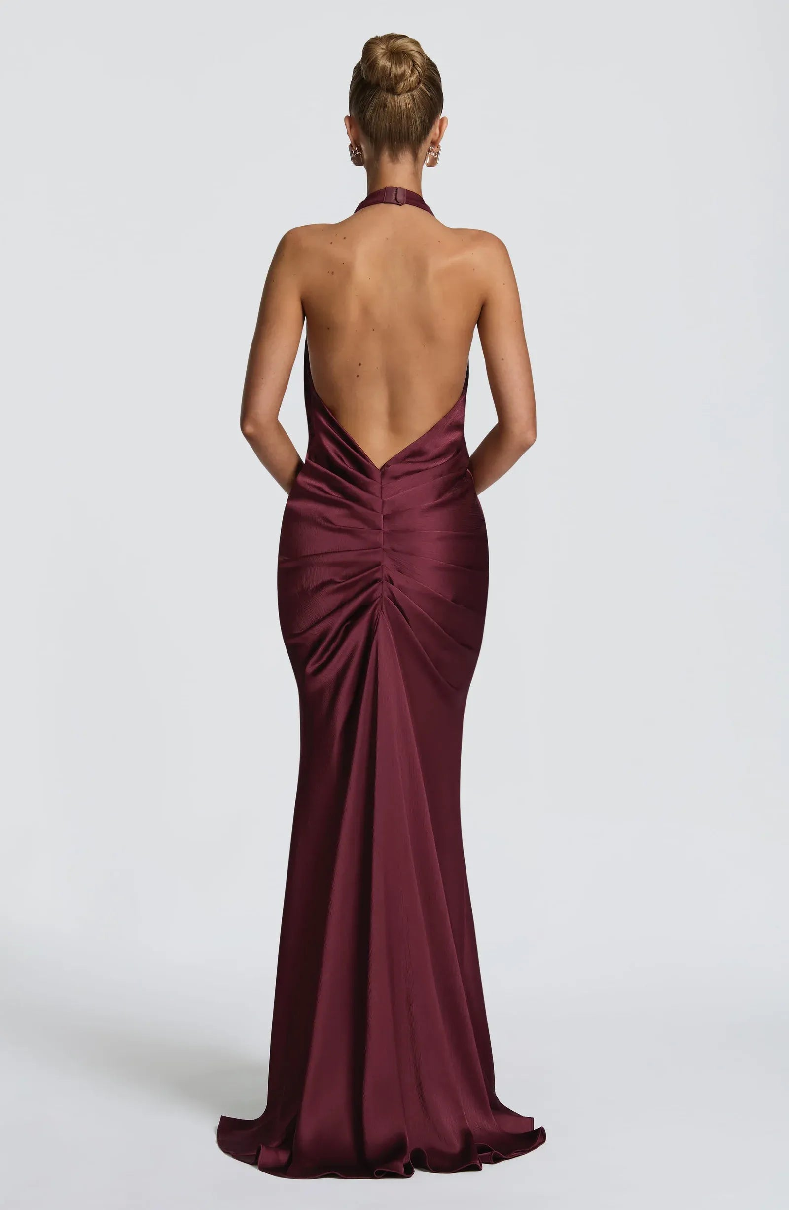 Halter Deep V Front Knot Back Ruched Burgundy Satin Mermaid Train Maxi Wedding Guest Dresses