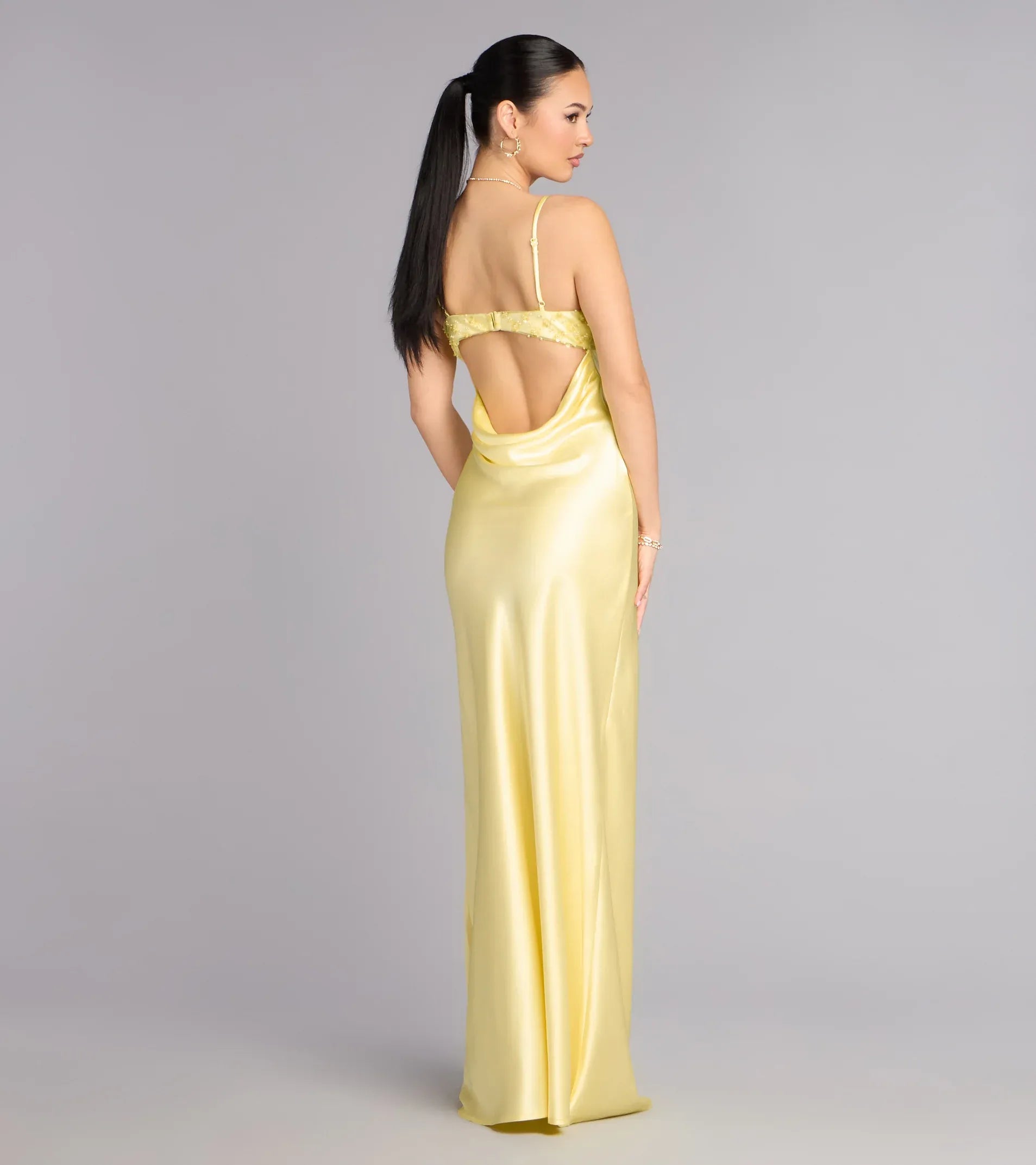 Butter Yellow Satin Beaded Cami Cowl Open Back Slip Long Formal Dress