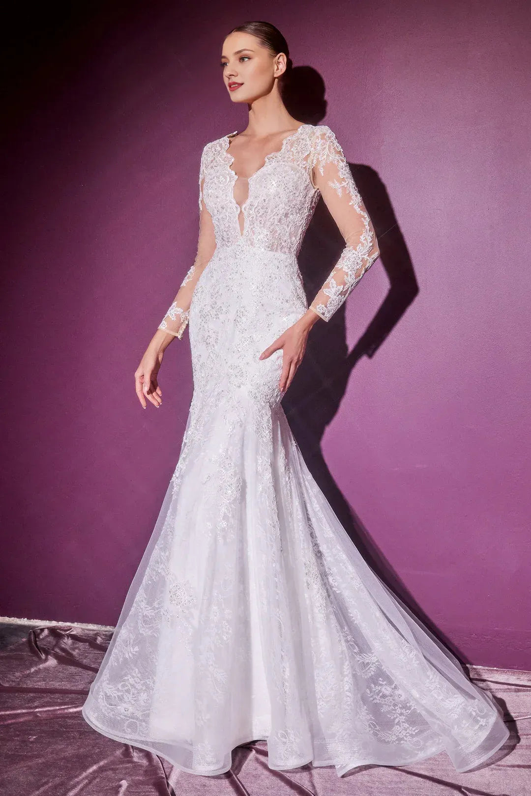 Timeless Mermaid Plunge-Neck Long-Sleeve Floor-Length Wedding Dress