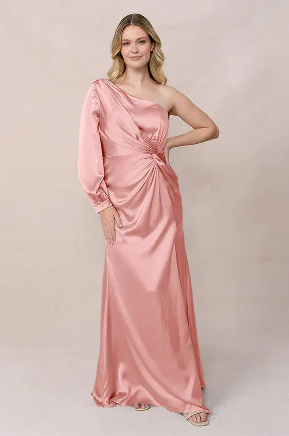 One Shoulder Long Sleeve Waist Twist Mermaid Satin Long Bridesmaid Dress