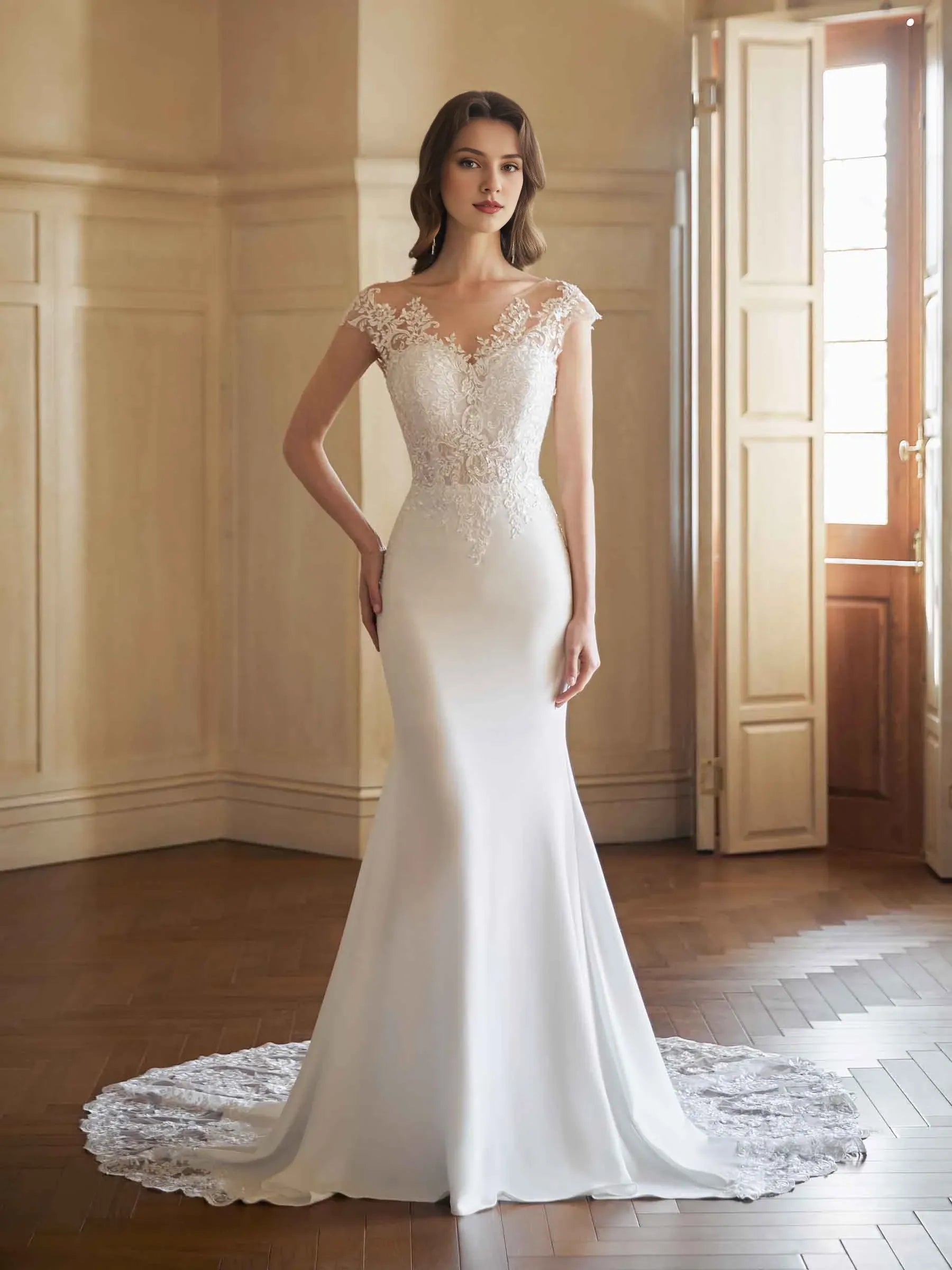 Lace-Adorned Mermaid Illusion-Neck Cap-Sleeve Floor-Length Wedding Dress