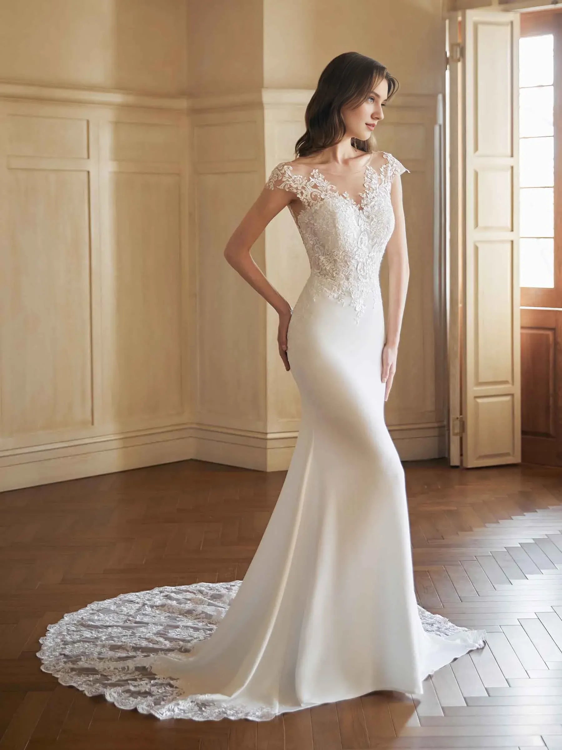 Lace-Adorned Mermaid Illusion-Neck Cap-Sleeve Floor-Length Wedding Dress