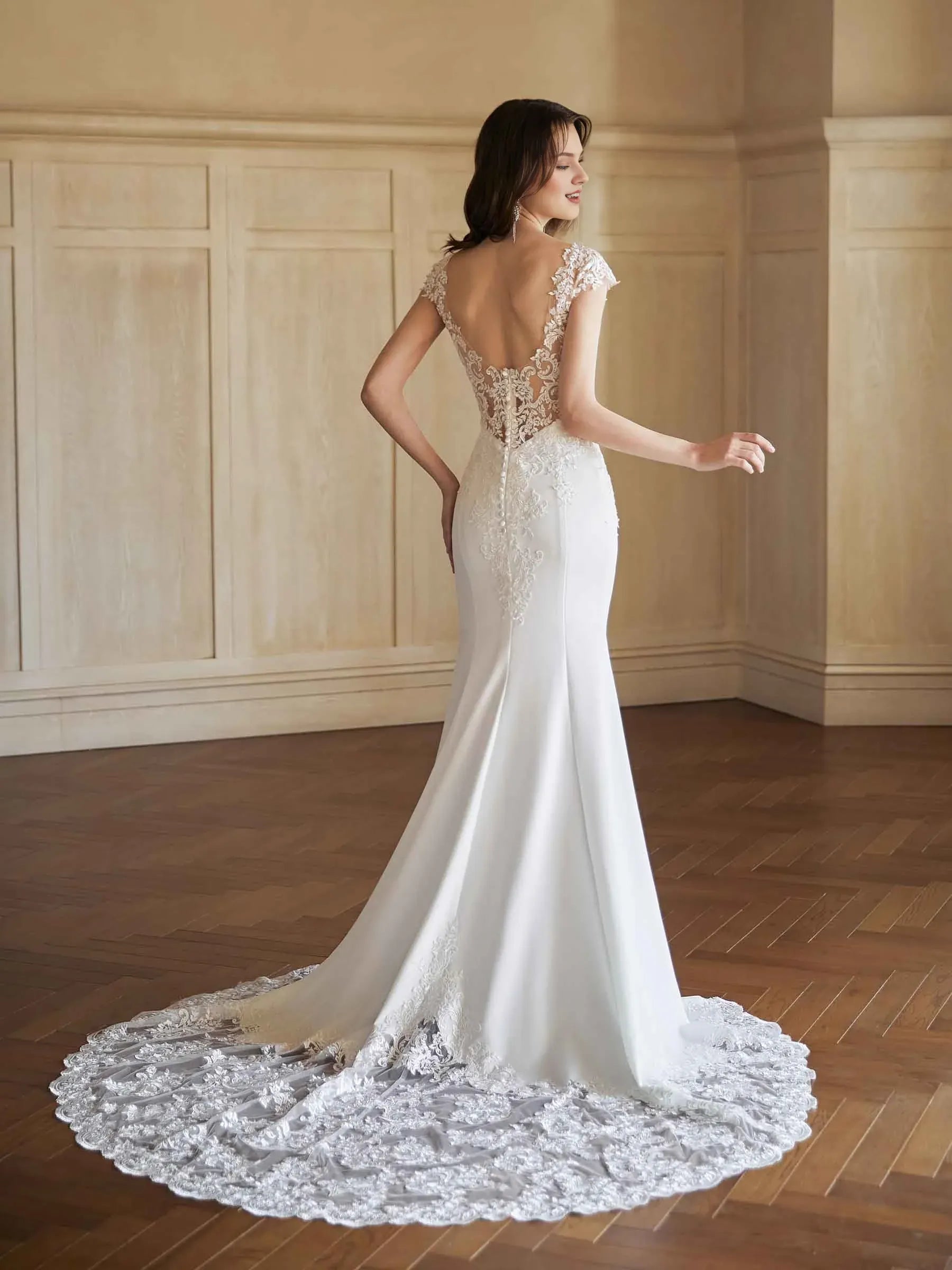 Lace-Adorned Mermaid Illusion-Neck Cap-Sleeve Floor-Length Wedding Dress