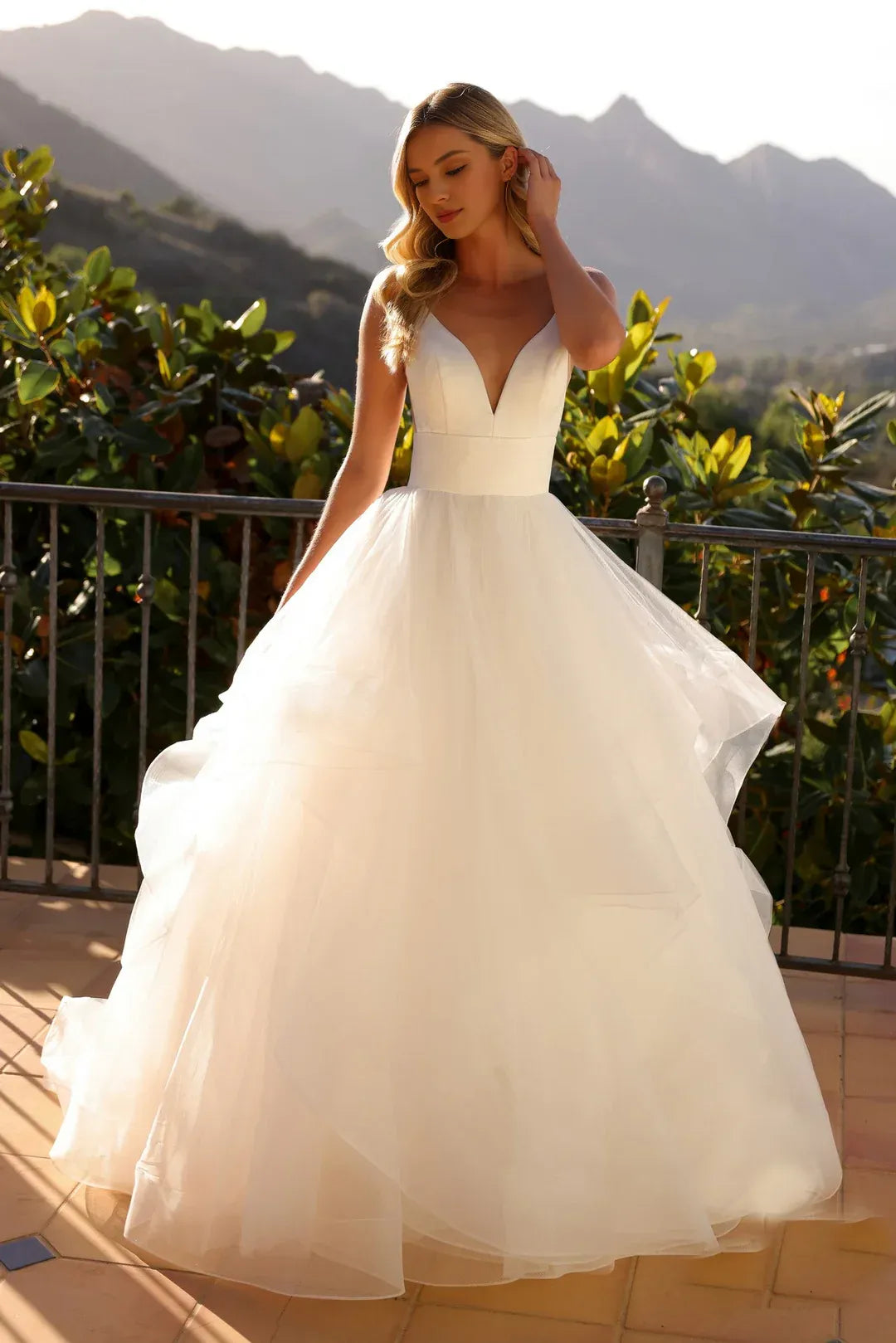 Lavish A-Line Plunge-Neck Spaghetti-Strap Floor-Length Wedding Dress