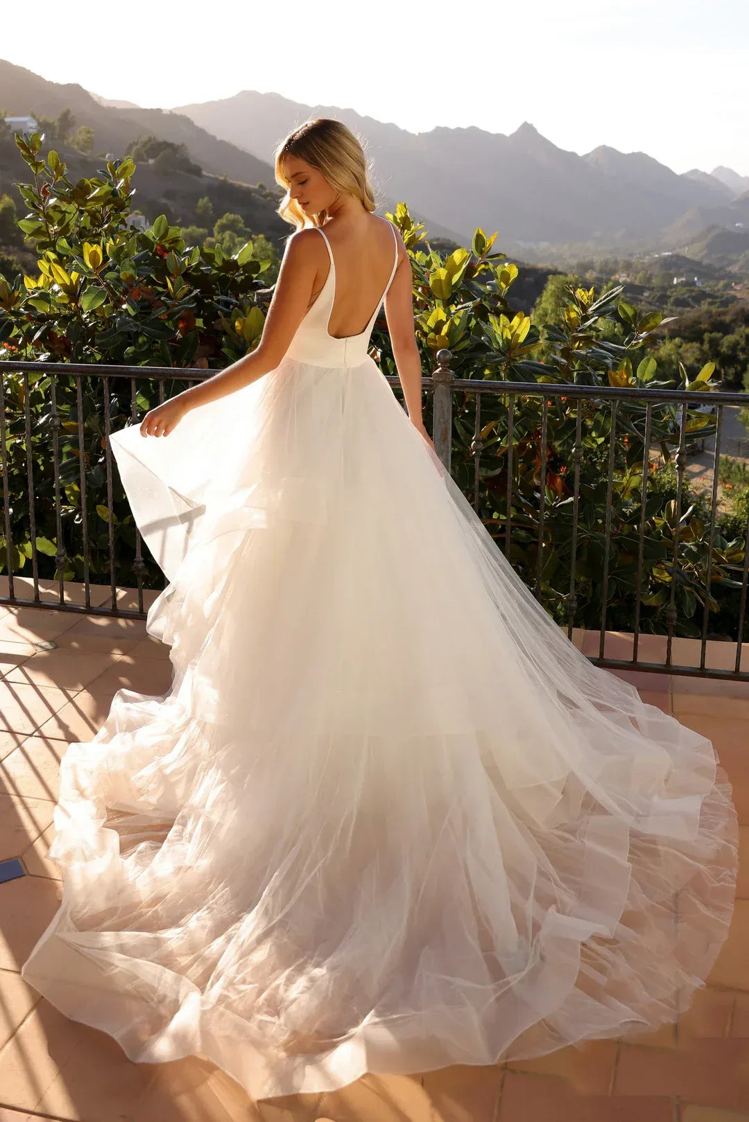Lavish A-Line Plunge-Neck Spaghetti-Strap Floor-Length Wedding Dress