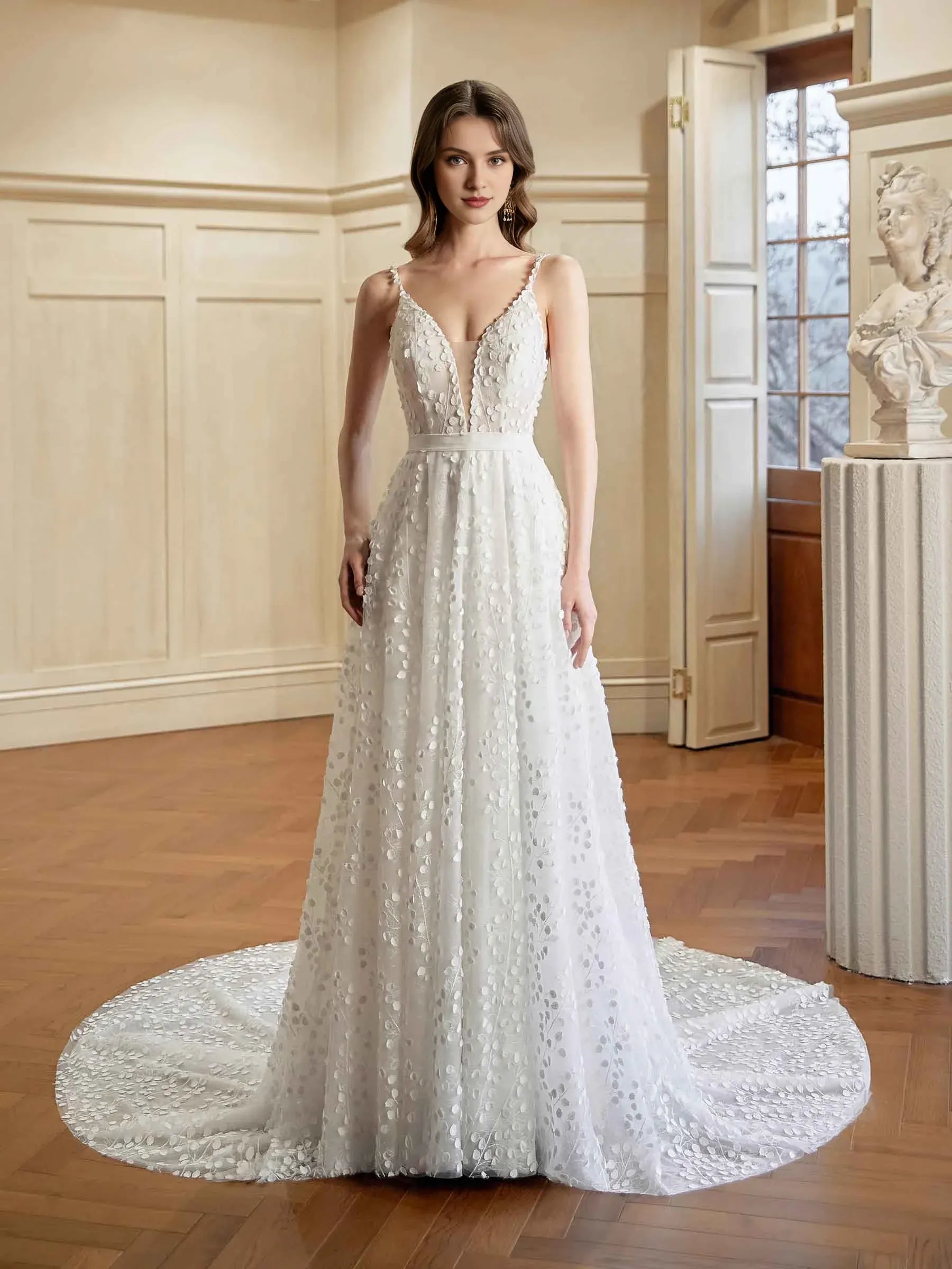 Luminous A-Line Plunge-Neck Spaghetti-Strap Floor-Length Wedding Dress