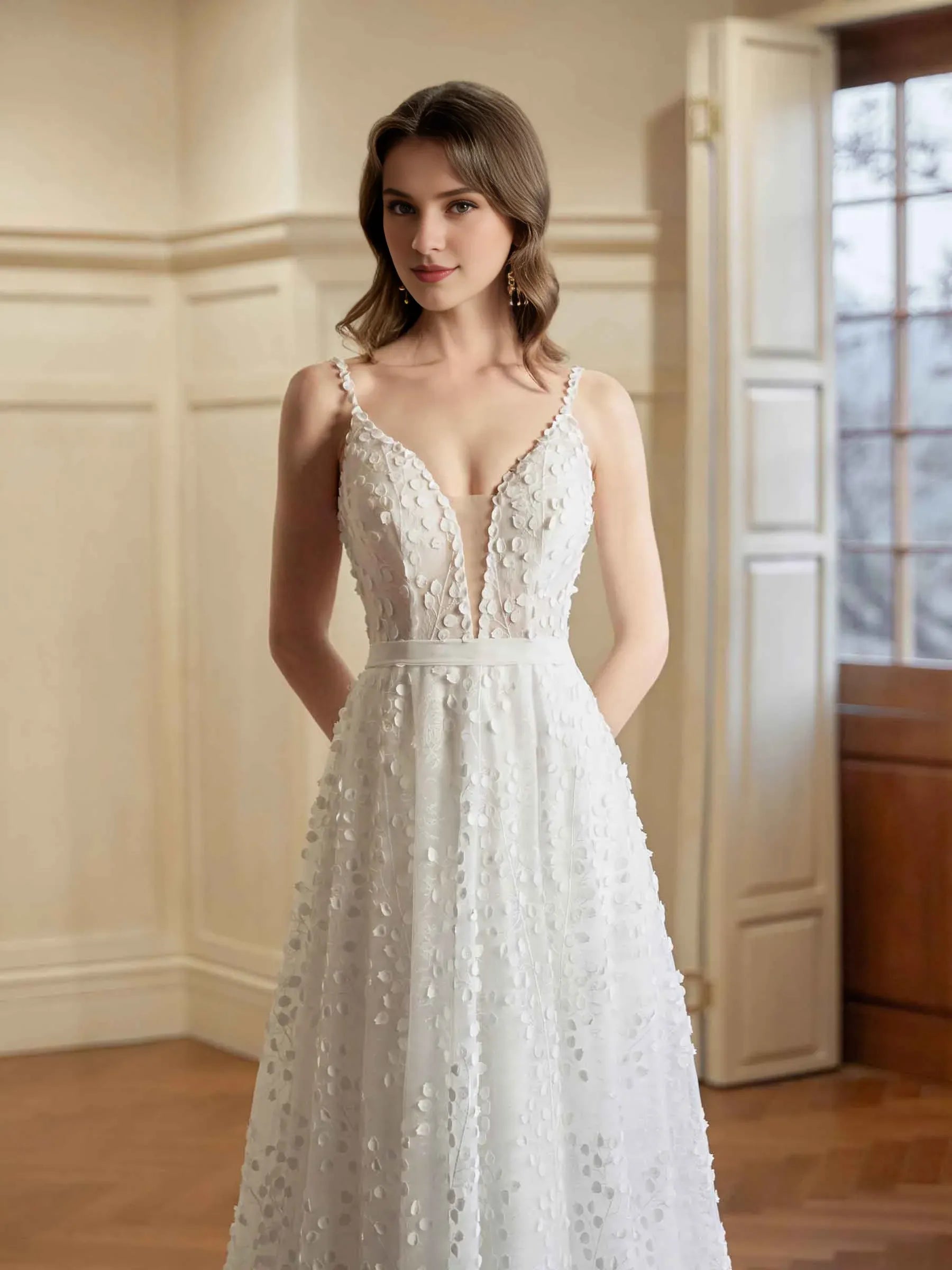 Luminous A-Line Plunge-Neck Spaghetti-Strap Floor-Length Wedding Dress