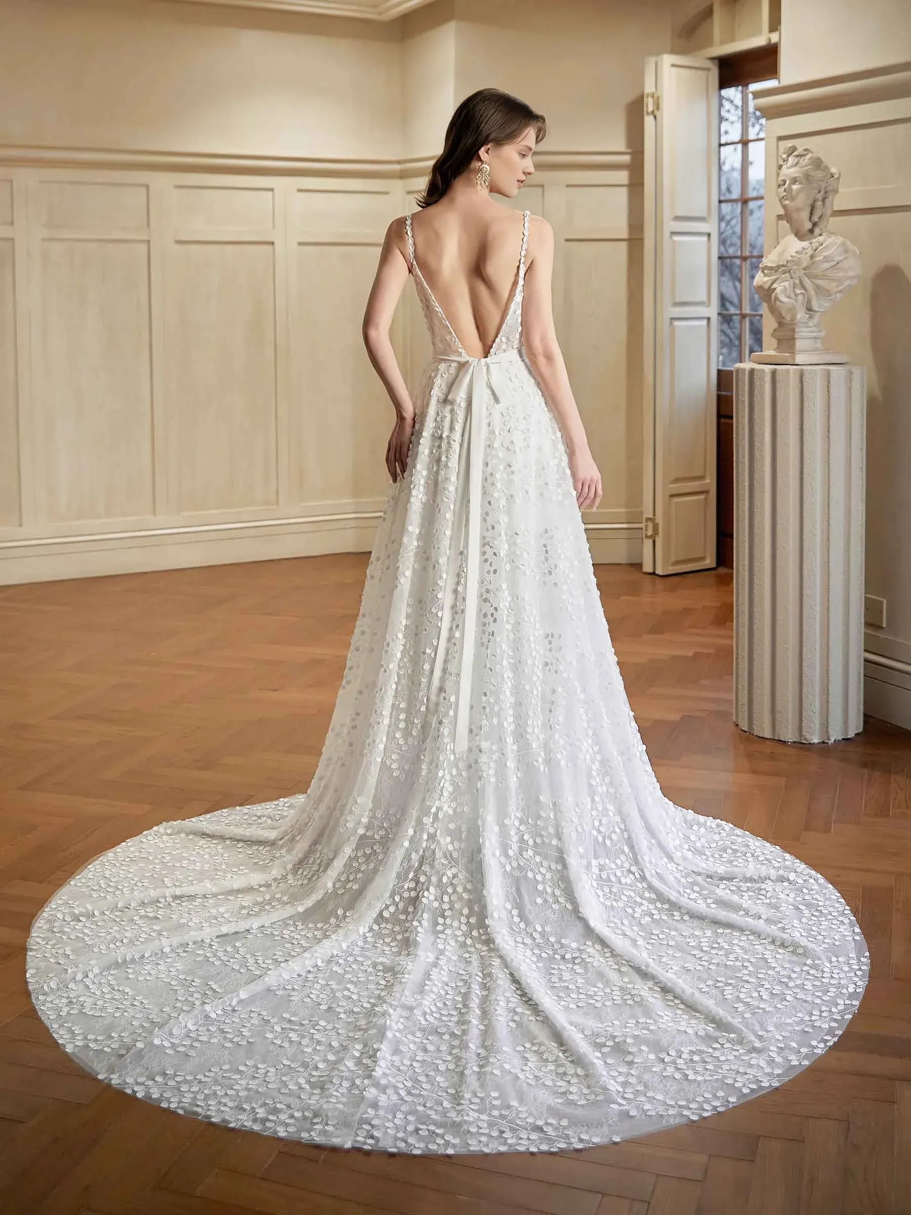Luminous A-Line Plunge-Neck Spaghetti-Strap Floor-Length Wedding Dress