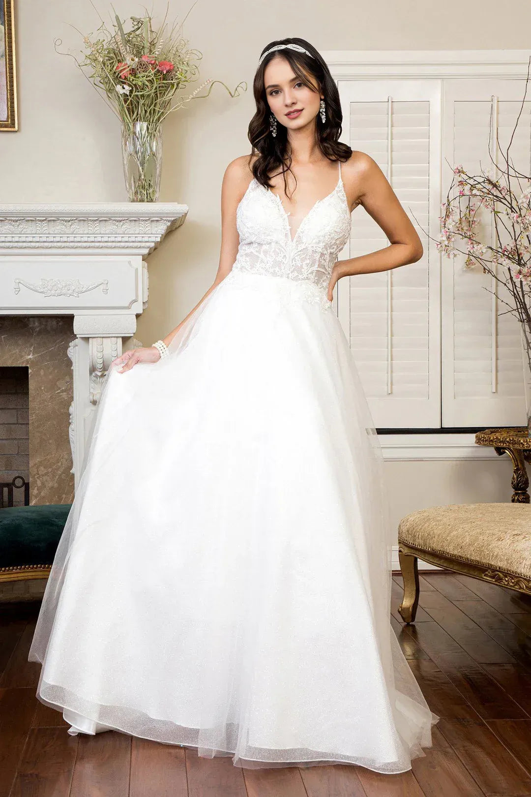 Luminous A-Line Plunging-Neck Spaghetti-Strap Floor-Length Wedding Dress
