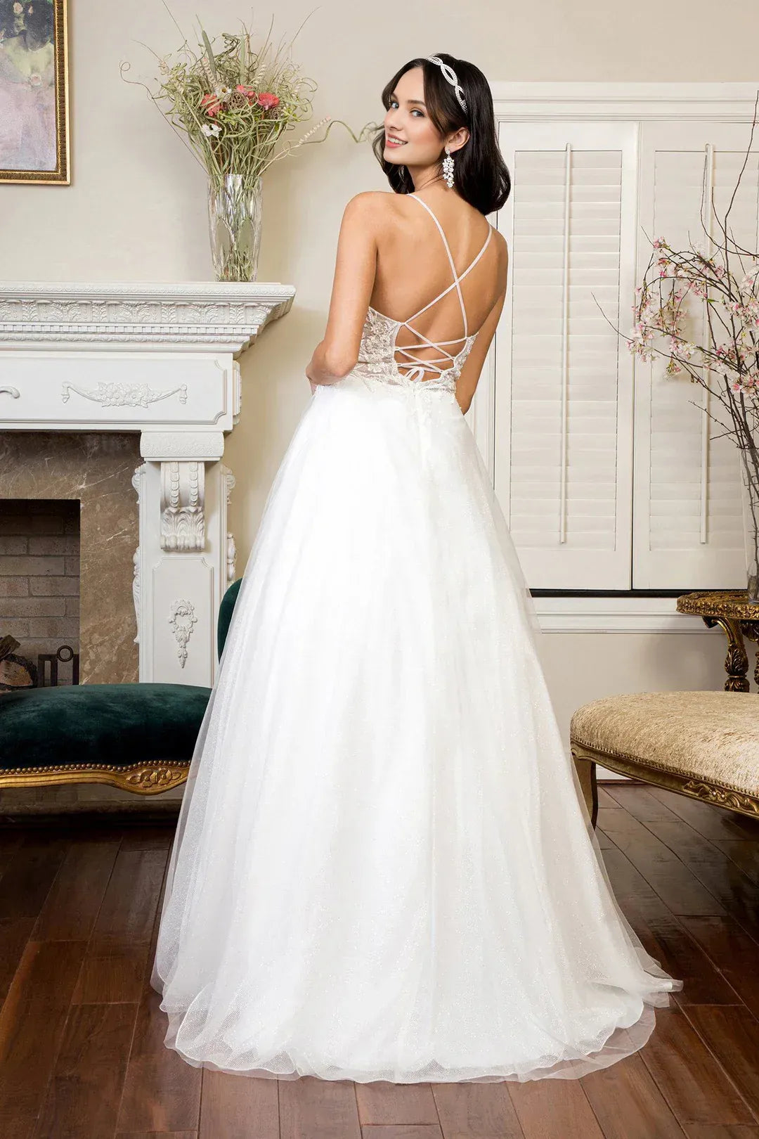 Luminous A-Line Plunging-Neck Spaghetti-Strap Floor-Length Wedding Dress