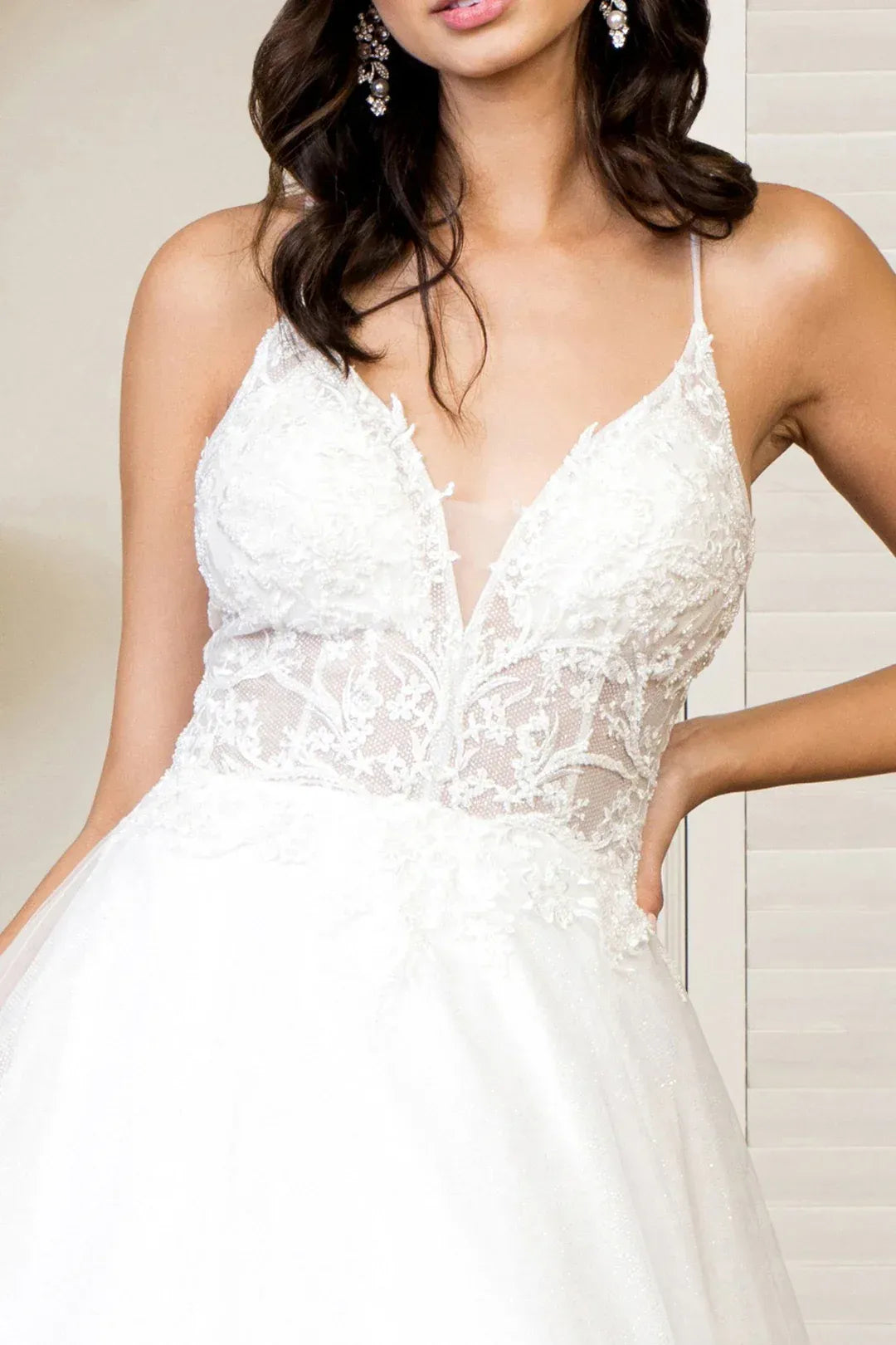 Luminous A-Line Plunging-Neck Spaghetti-Strap Floor-Length Wedding Dress
