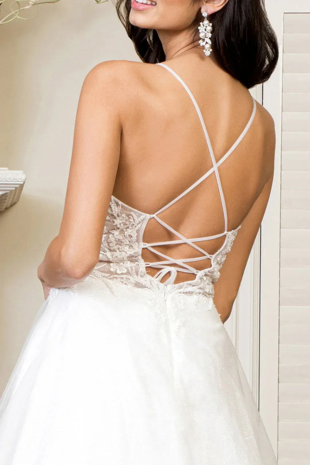 Luminous A-Line Plunging-Neck Spaghetti-Strap Floor-Length Wedding Dress