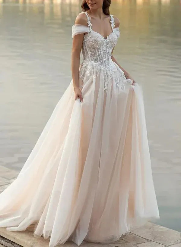 Luminous A-Line Sweetheart-Neck Off-the-Shoulder Floor-Length Wedding Dress