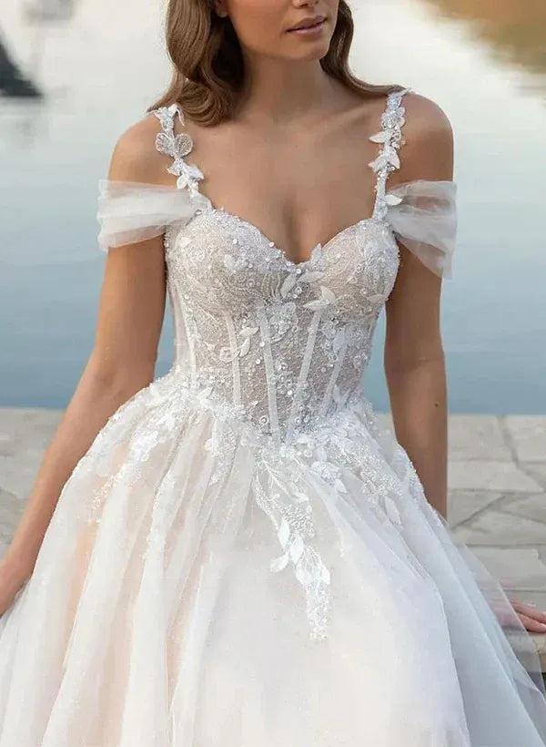 Luminous A-Line Sweetheart-Neck Off-the-Shoulder Floor-Length Wedding Dress
