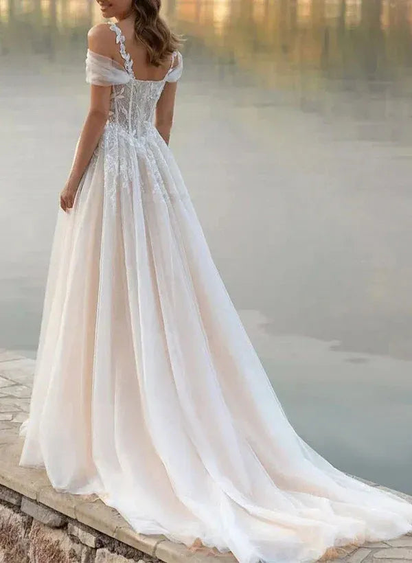 Luminous A-Line Sweetheart-Neck Off-the-Shoulder Floor-Length Wedding Dress