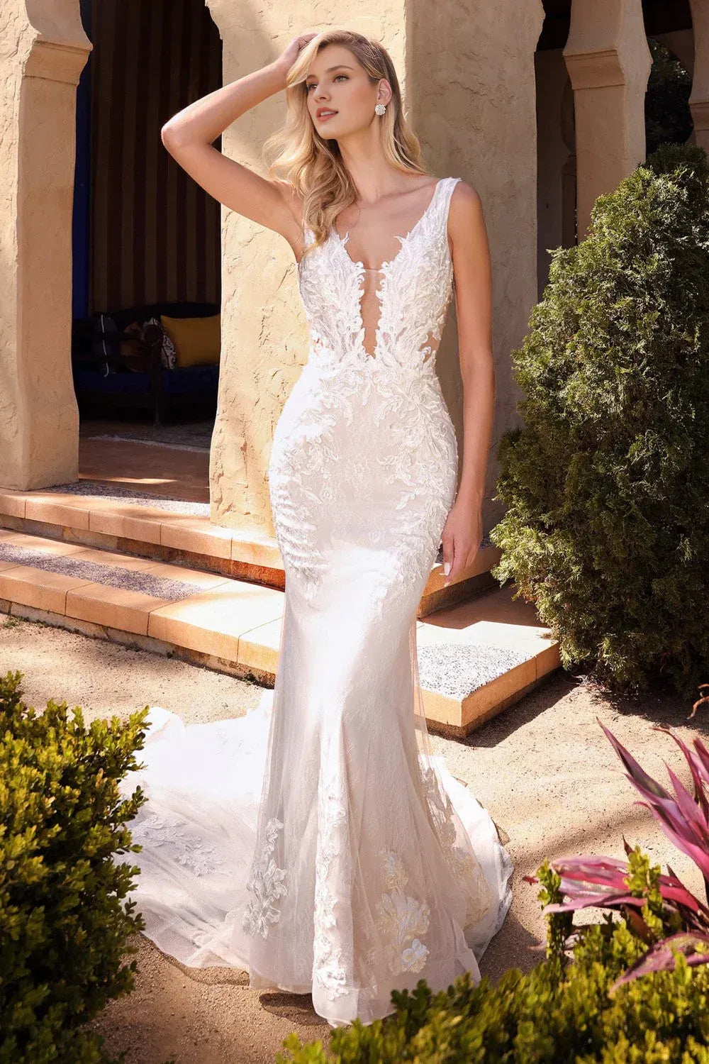 Luminous Mermaid Plunge-Neck Sleeveless Floor-Length Wedding Dress