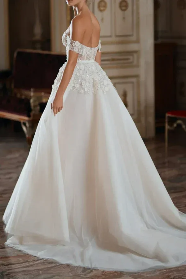 Luminous Off-the-Shoulder Short-Sleeve A-Line Floor-Length Wedding Dress