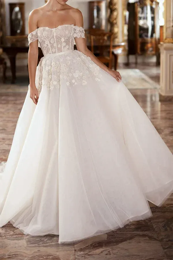 Luminous Off-the-Shoulder Short-Sleeve A-Line Floor-Length Wedding Dress