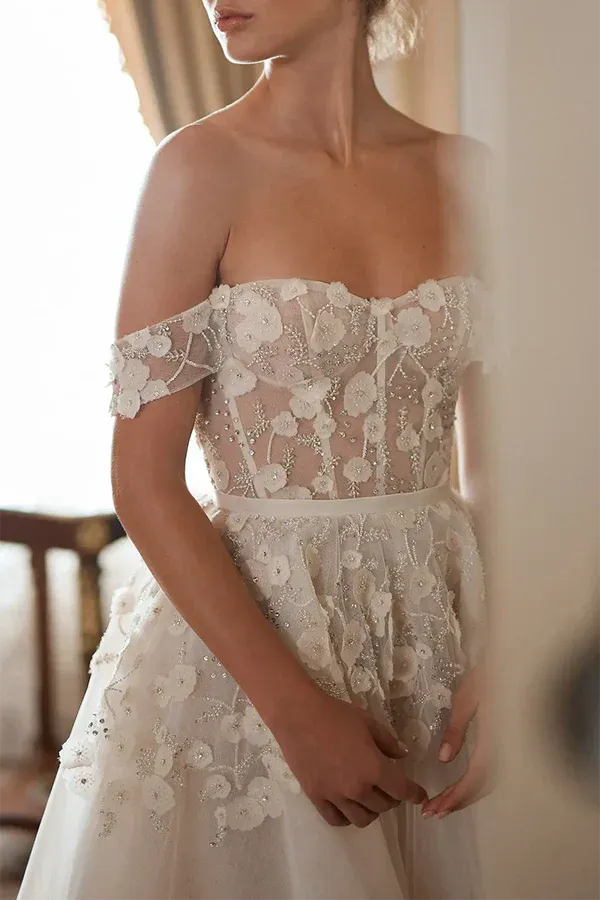 Luminous Off-the-Shoulder Short-Sleeve A-Line Floor-Length Wedding Dress