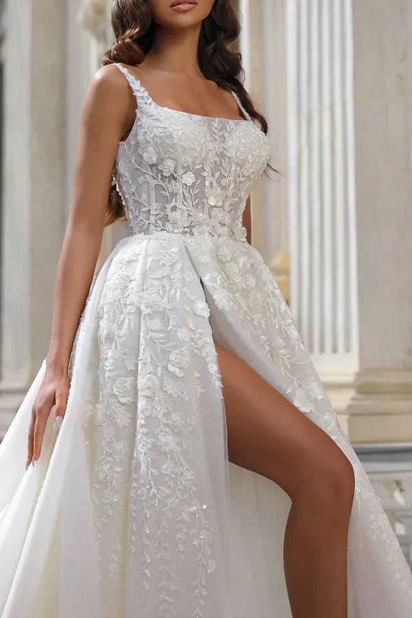 Luminous Square-Neck Spaghetti-Strap A-Line Floor-Length Wedding Dress