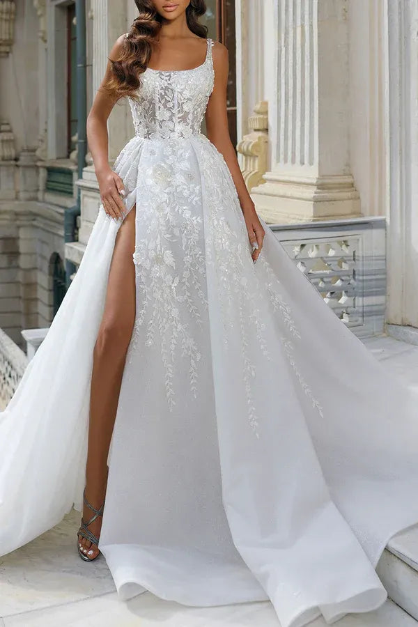 Luminous Square-Neck Spaghetti-Strap A-Line Floor-Length Wedding Dress