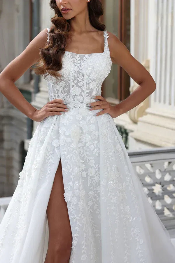 Luminous Square-Neck Spaghetti-Strap A-Line Floor-Length Wedding Dress