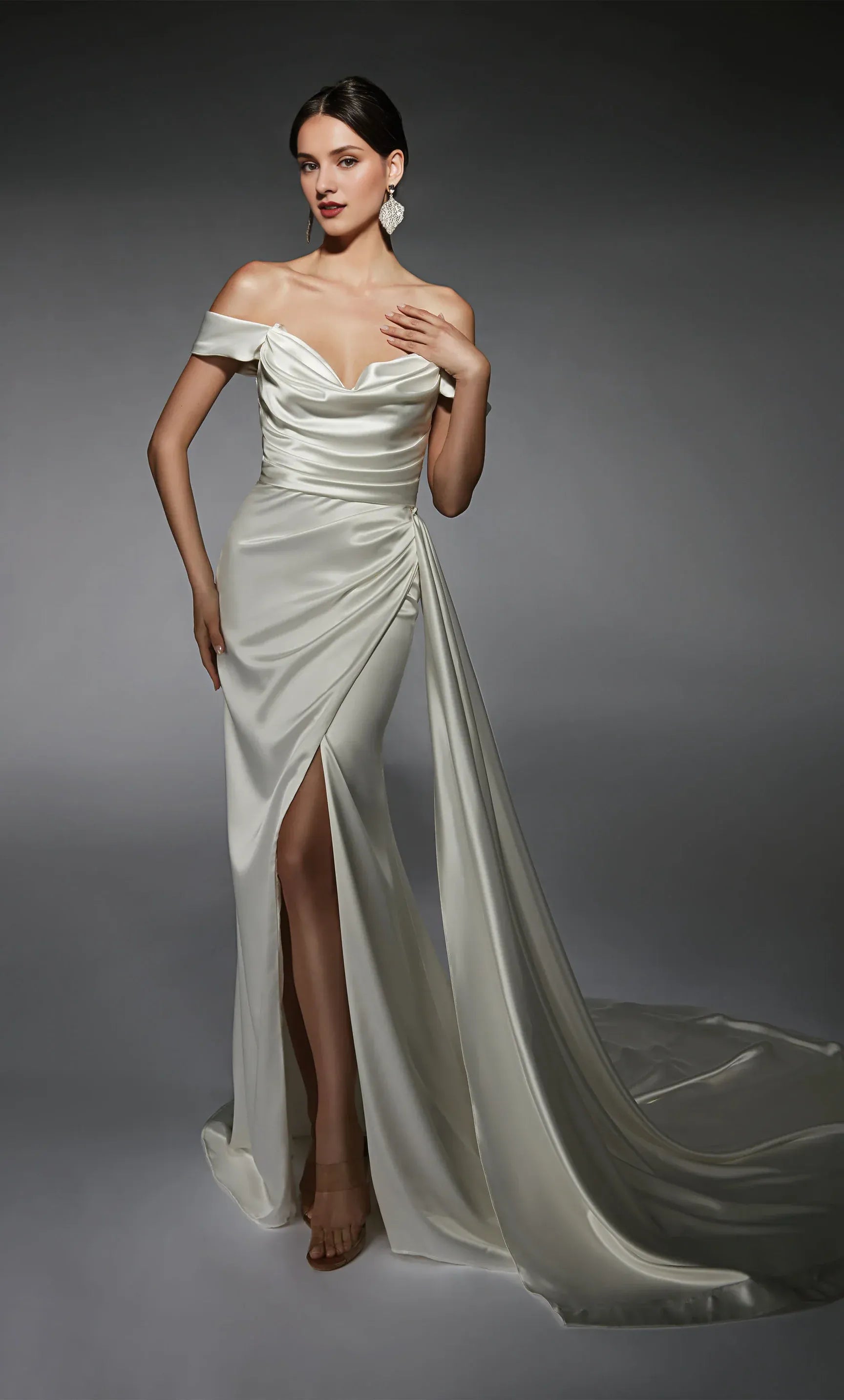 Luxe Mermaid Off-the-Shoulder Cowl-Neck Floor-Length Wedding Dress