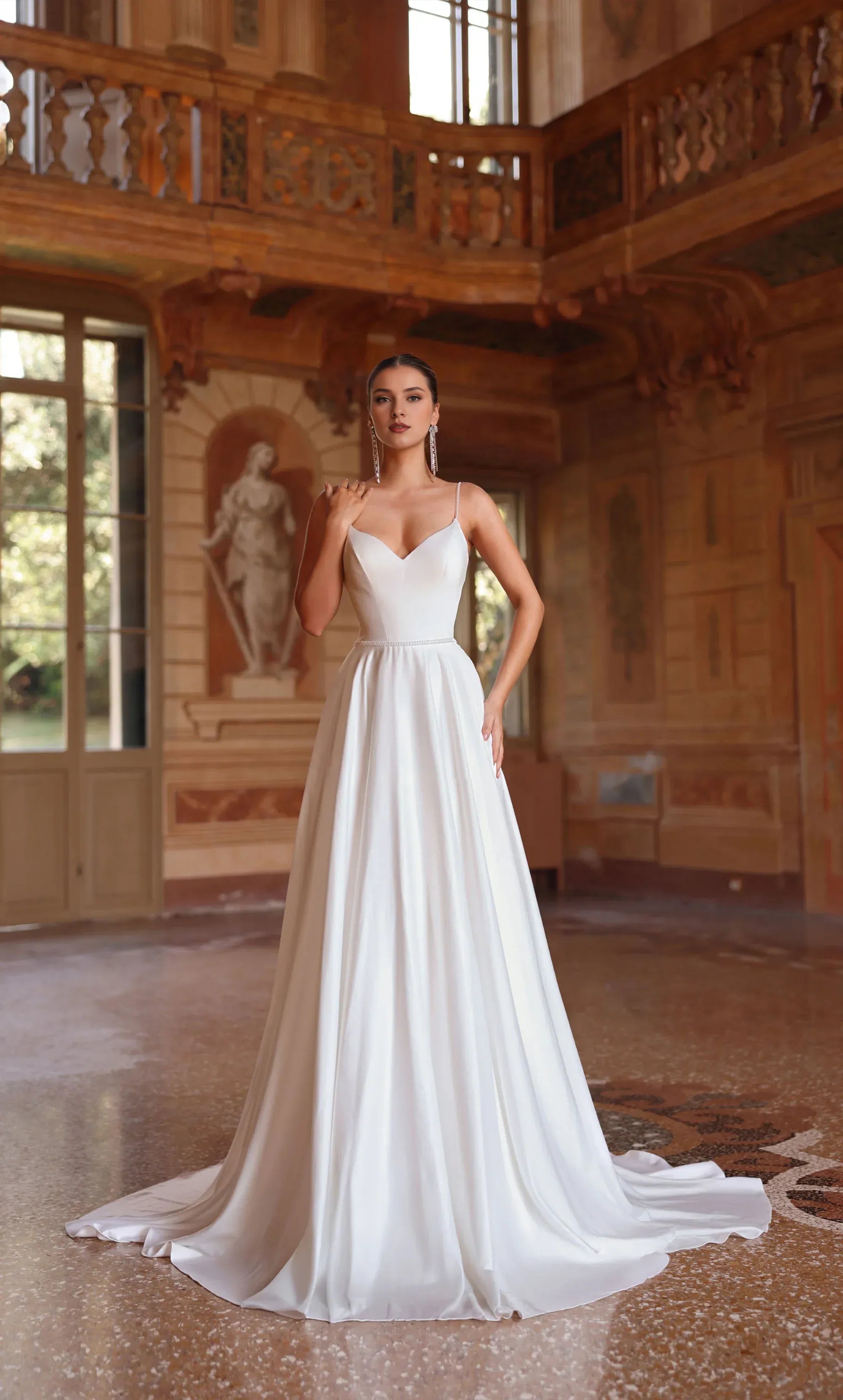 Luxurious Satin A-Line Wedding Dress with Beaded Waist & Open Back