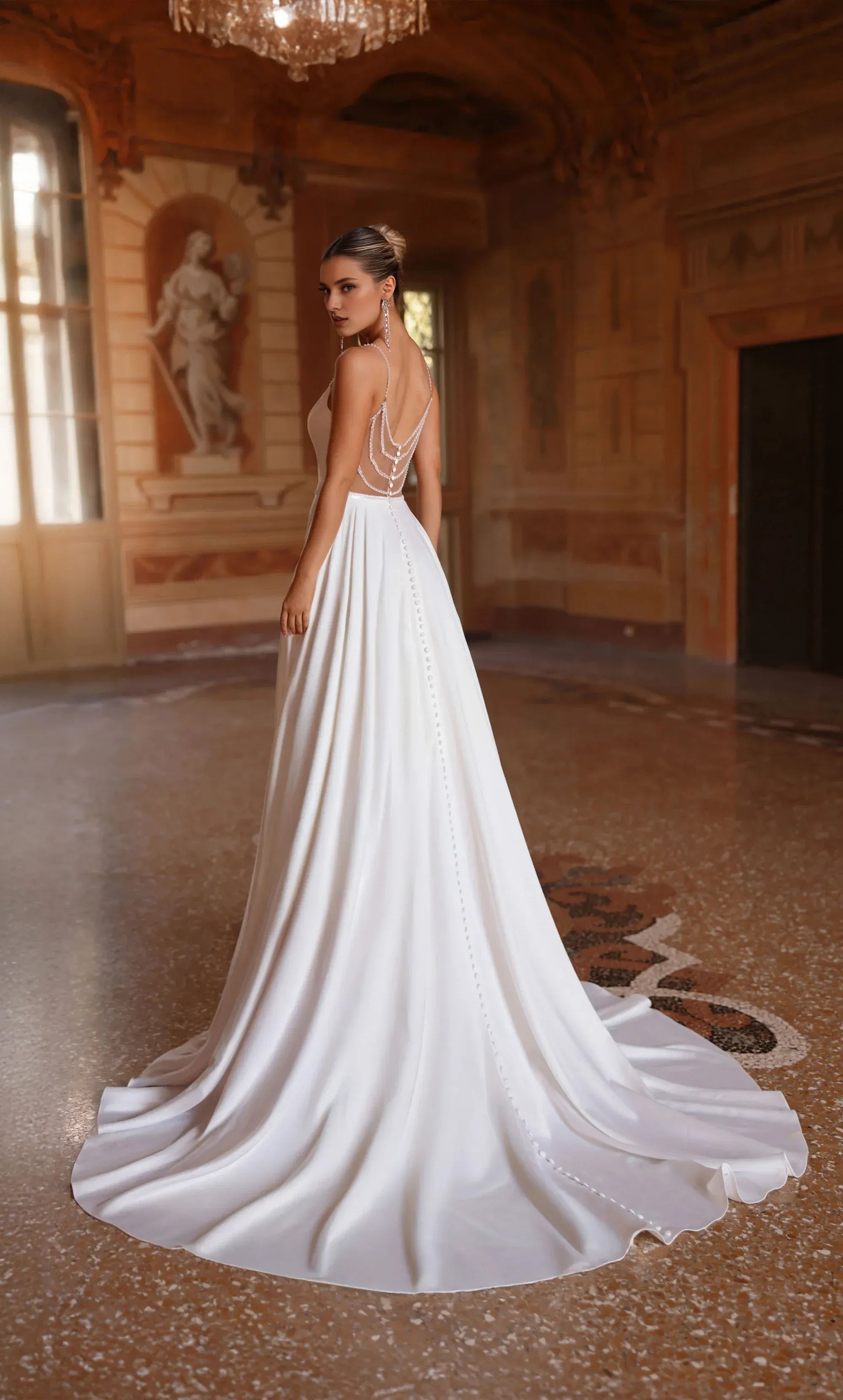 Luxurious Satin A-Line Wedding Dress with Beaded Waist & Open Back