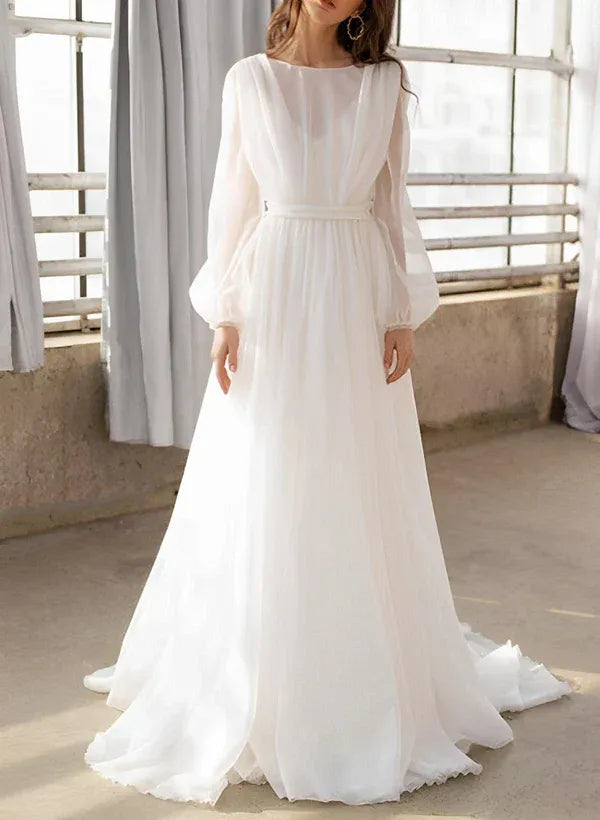 Minimalist A-Line Round-Neck Long-Sleeve Floor-Length Wedding Dress