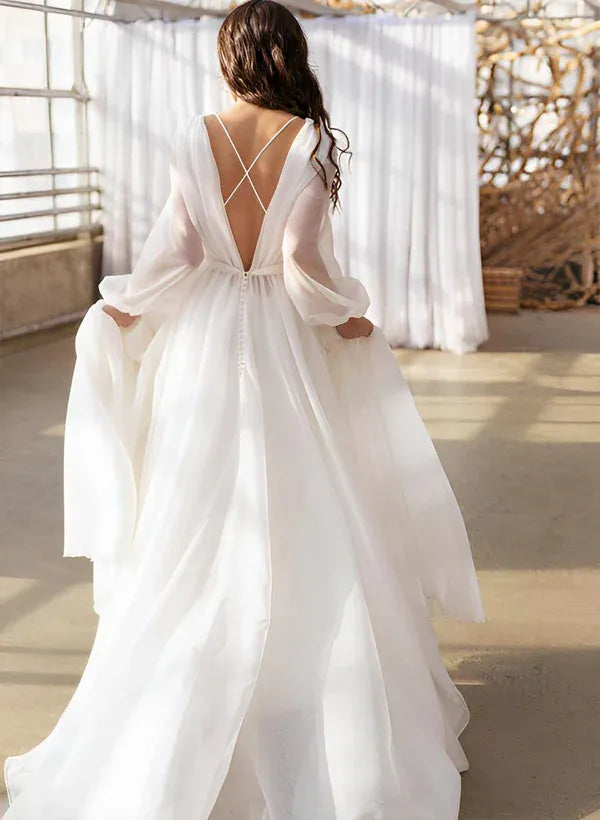 Minimalist A-Line Round-Neck Long-Sleeve Floor-Length Wedding Dress