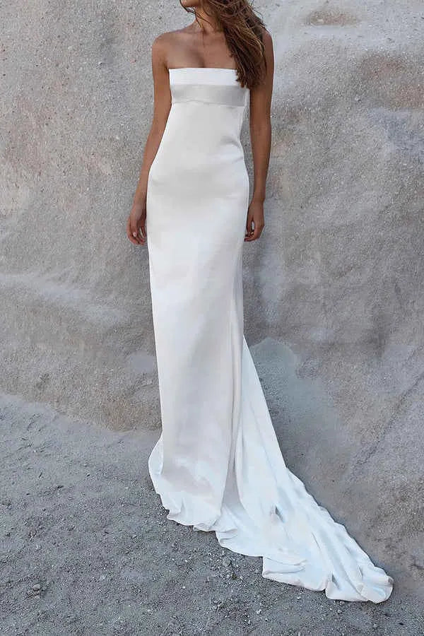 Minimalist Strapless Satin Mermaid Floor-Length Wedding Dress