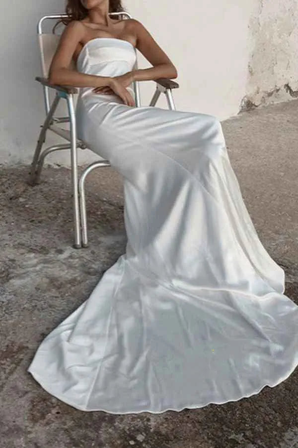 Minimalist Strapless Satin Mermaid Floor-Length Wedding Dress
