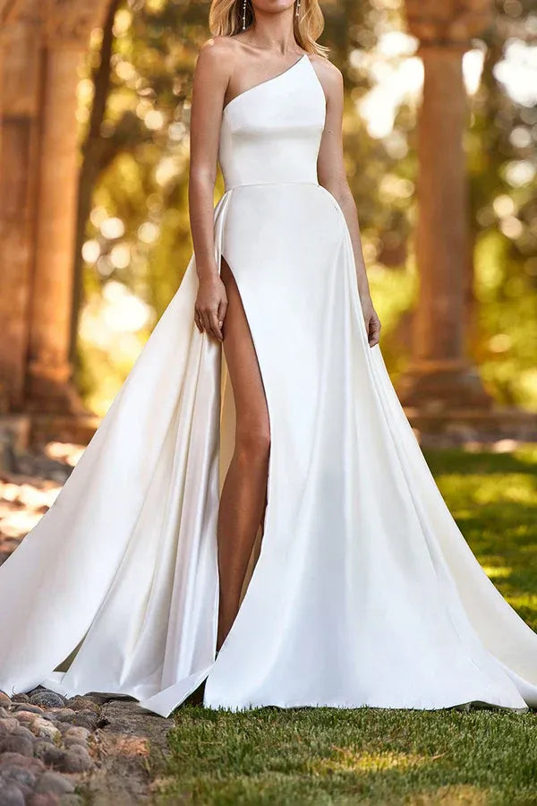 Modern Asymmetric-Neck Sleeveless A-Line Floor-Length Wedding Dress
