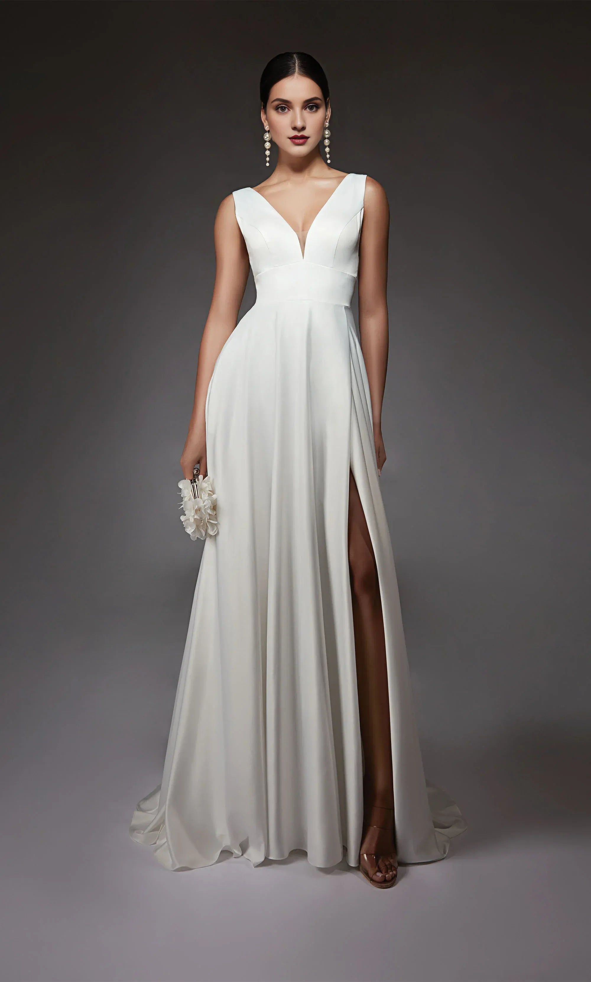 Modern Satin A-Line Wedding Dress with Plunge V-Neck & Slit