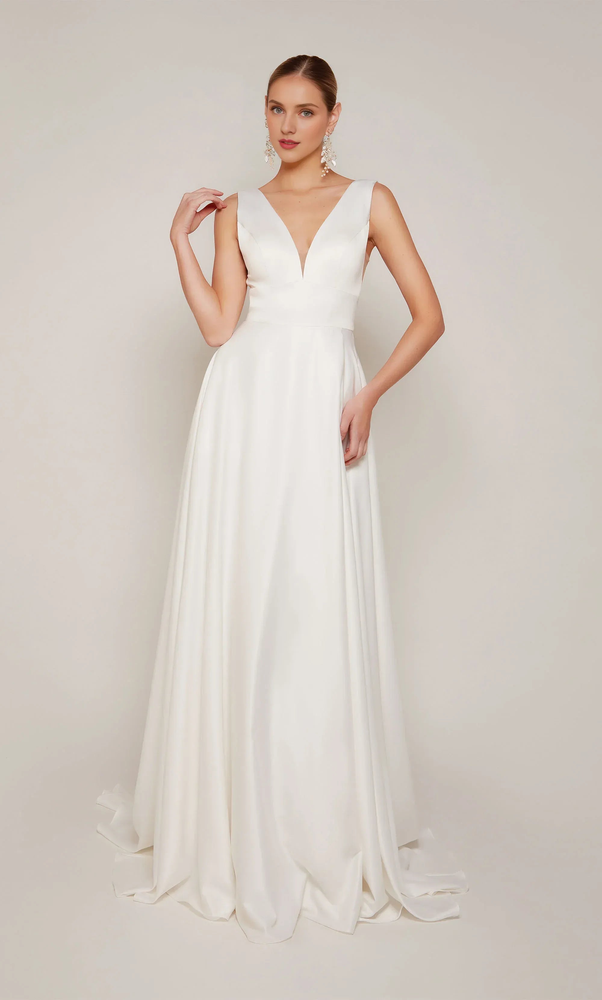 Modern Satin A-Line Wedding Dress with Plunge V-Neck & Slit