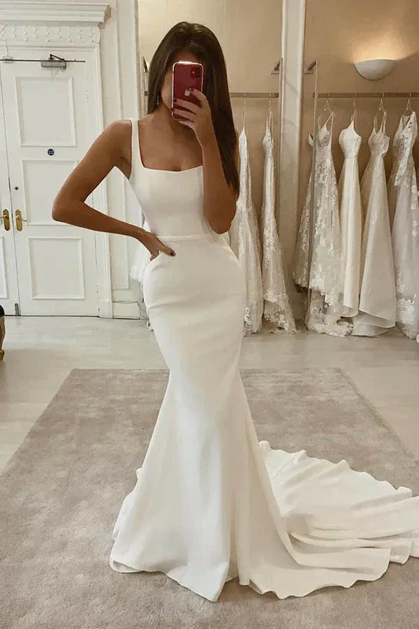Modern Square-Neck Sleeveless Mermaid Floor-Length Wedding Dress