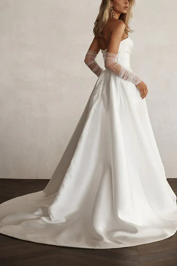 Modern Sweetheart Strapless Detachable-Sleeve A-Line Floor-Length Wedding Dress