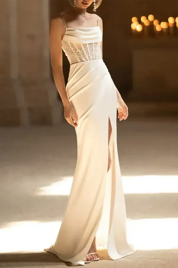 Opulent Cowl-Neck Spaghetti-Strap Mermaid Floor-Length Wedding Dress