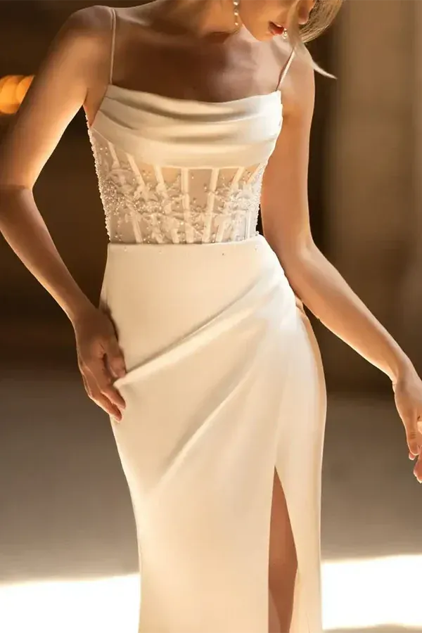 Opulent Cowl-Neck Spaghetti-Strap Mermaid Floor-Length Wedding Dress