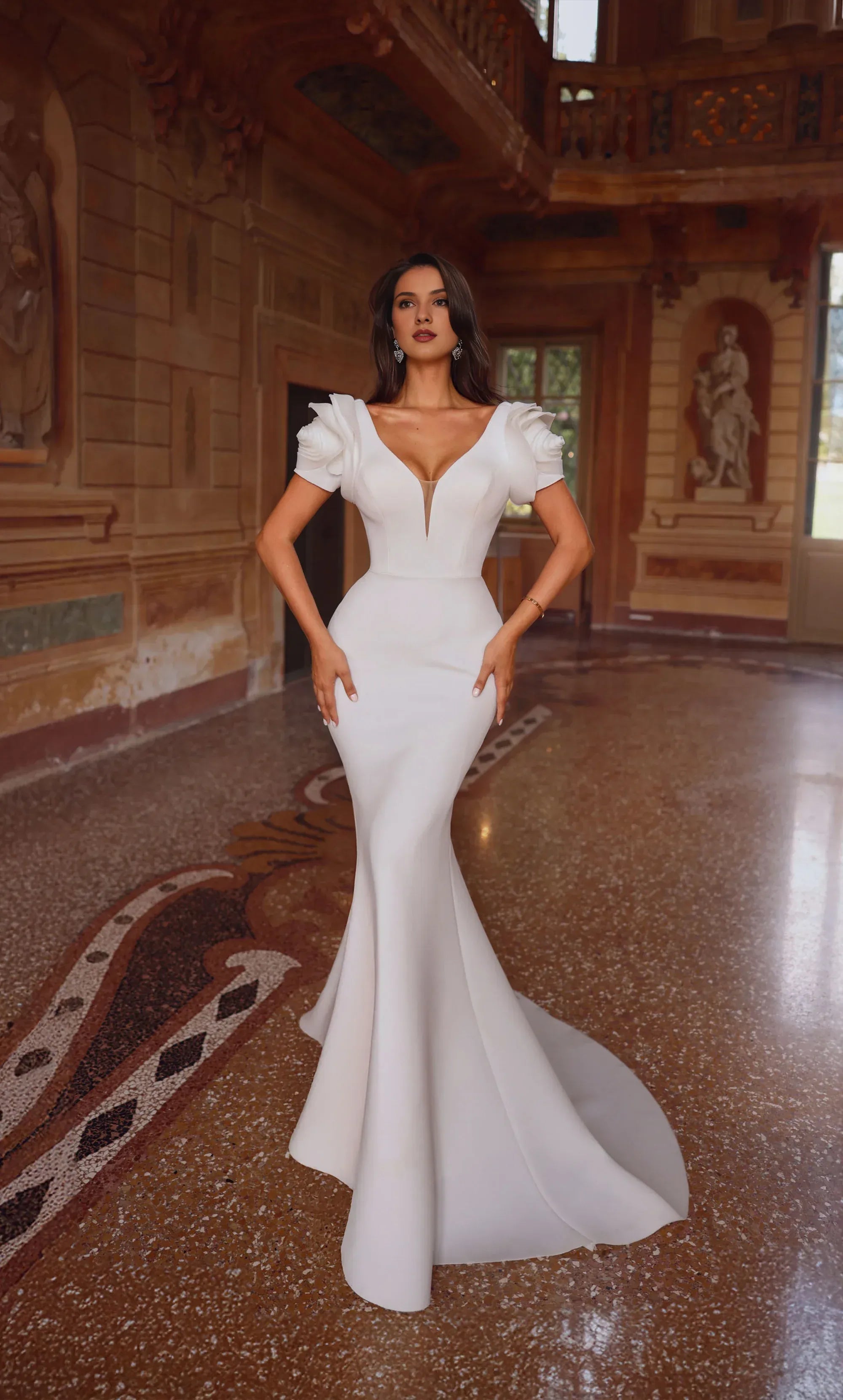 Opulent Crepe Mermaid Wedding Dress with Rose Appliqué Sleeves