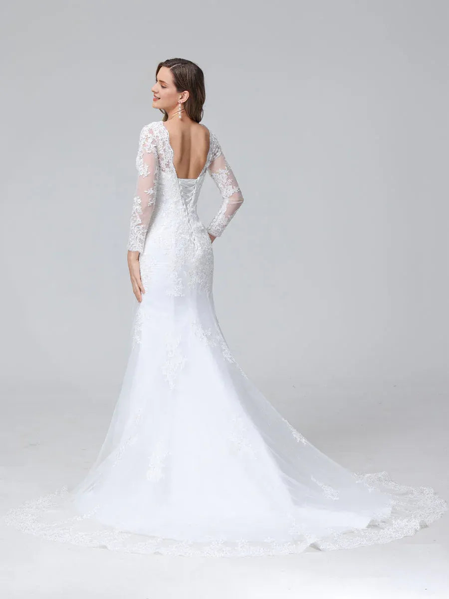 Opulent Mermaid Illusion-Neck Long-Sleeve Floor-Length Wedding Dress