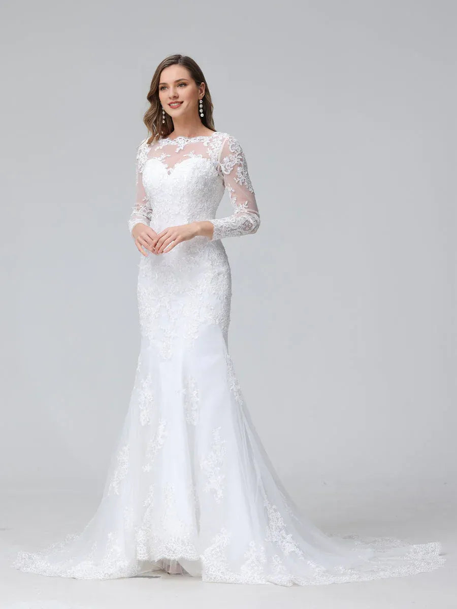 Opulent Mermaid Illusion-Neck Long-Sleeve Floor-Length Wedding Dress