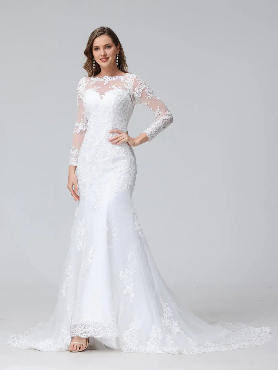Opulent Mermaid Illusion-Neck Long-Sleeve Floor-Length Wedding Dress