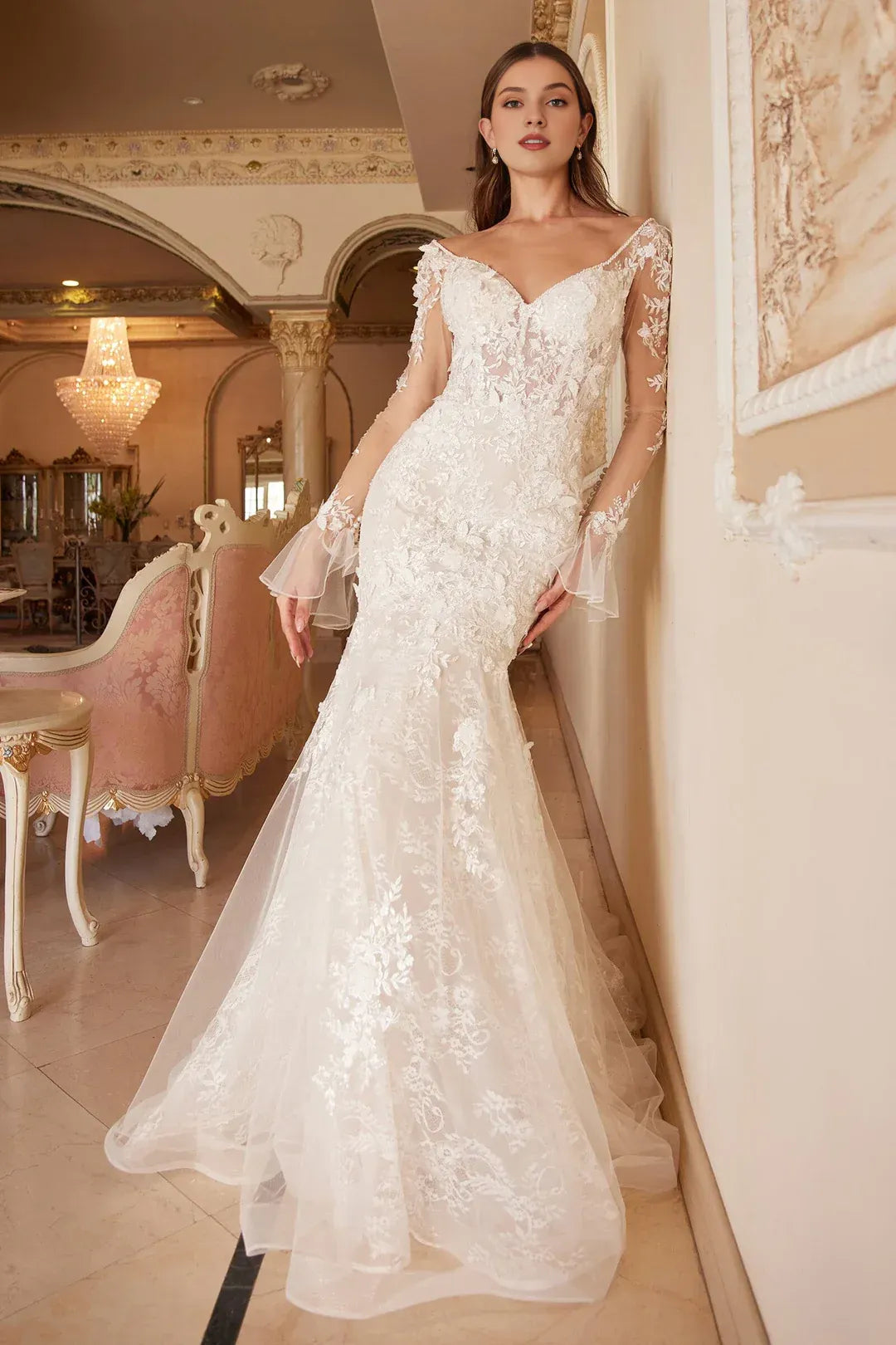 Opulent Mermaid Off-the-Shoulder Long-Sleeve Floor-Length Wedding Dress