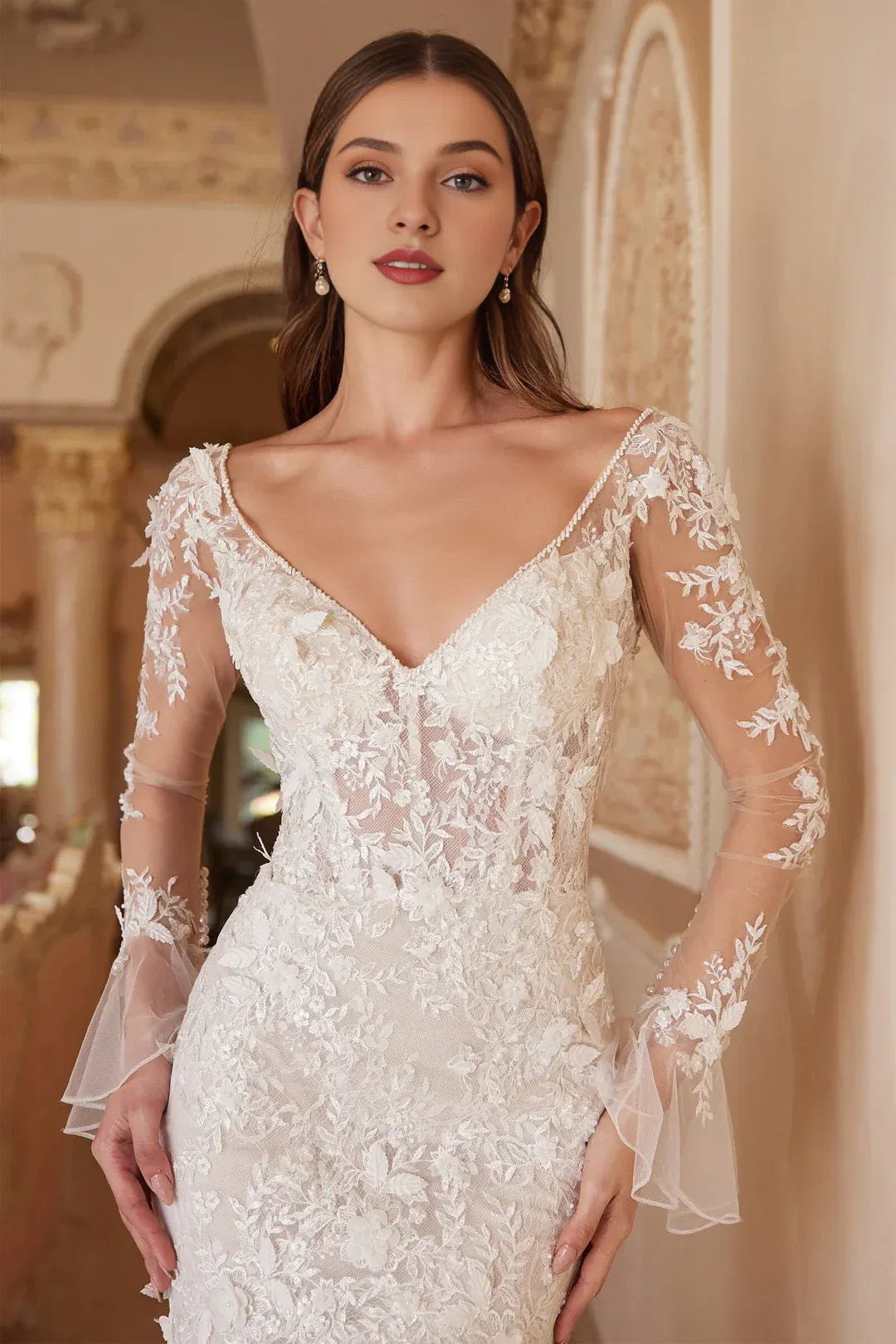 Opulent Mermaid Off-the-Shoulder Long-Sleeve Floor-Length Wedding Dress